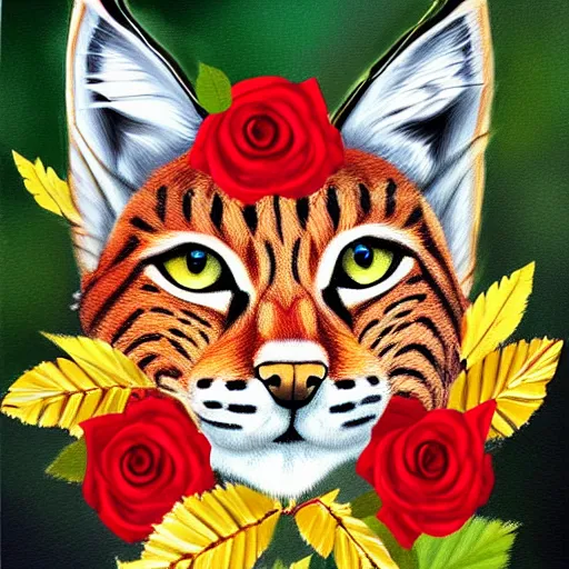 Image similar to lynx wearing a crown made out of roses and golden leaves, a majestic crown, an expressive digital painting, high quality art,