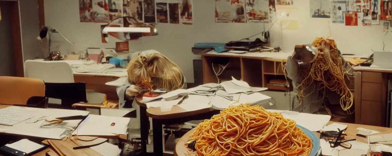 Image similar to security cam footage of someone with their head on spaghetti at their desk, at work, kodachrome, in the style of wes anderson, retro