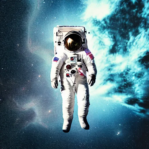 Prompt: photograph of an astronaut, dramatic downlit, against the absolute darkness of space, full body photo,, 8 k