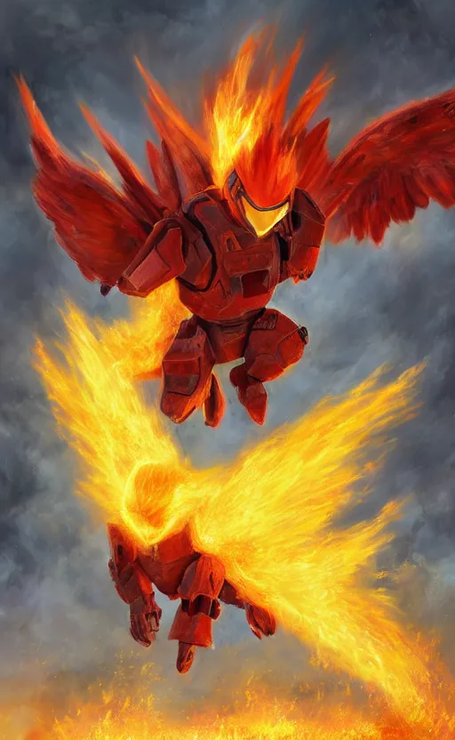 Image similar to moltres pokemon playing as master chief, oil on canvas, intricate, 8 k highly professionally detailed, hdr, cgsociety