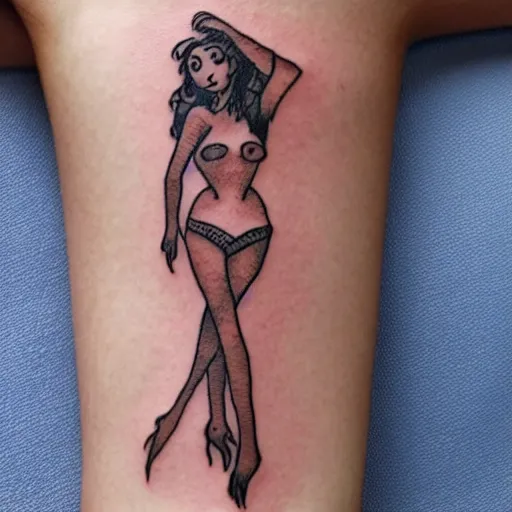 Prompt: handpoke tattoo of a woman, pinup, stick poke, lineart