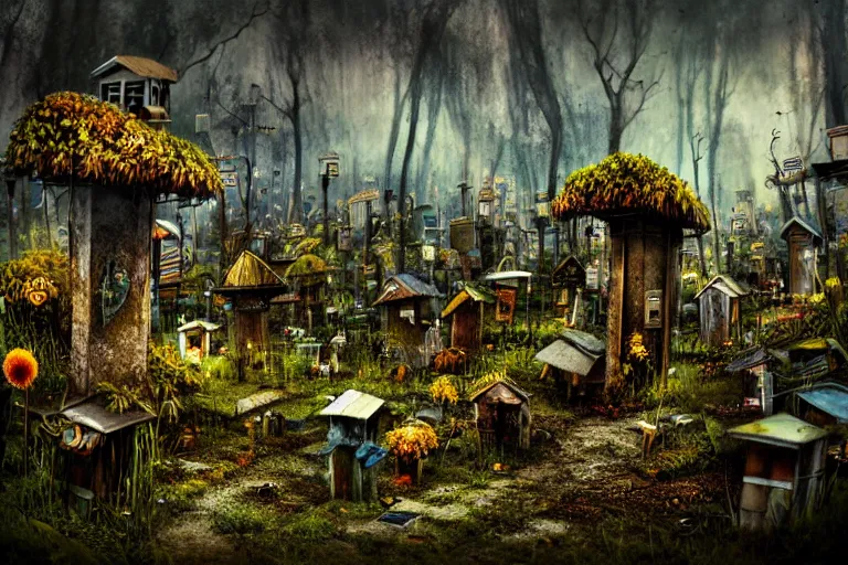 Prompt: simplicity, favela graveyard honeybee hive, fungal forest environment, industrial factory, cheerful, award winning art, epic dreamlike fantasy landscape, ultra realistic,