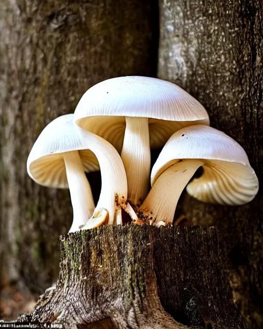 Prompt: a small family of conical oyster mushrooms is located on a rotten stump, which suspiciously reach for an unusual symbol on the wall depicting a dissected cross