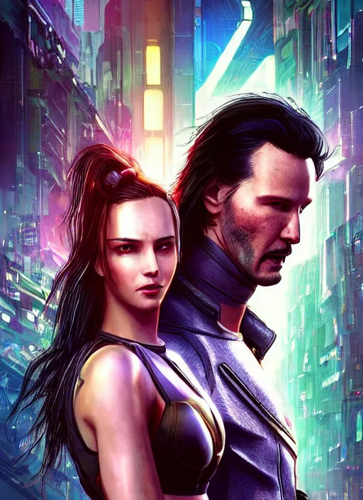 Image similar to a cyberpunk 2077 couple portrait of a Keanu Reeves as johnny silverhand and a female android in final kiss,love,fantasy, intricate, elegant,film lighting,art by John Collier and Albert Aublet and Krenz Cushart and Artem Demura,artstation,deviantart,FAN ART,full of color,Digital painting,face enhance,highly detailed,8K,octane,golden ratio,cinematic lighting