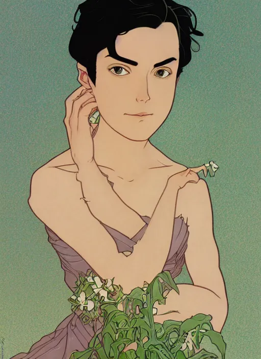 Image similar to well - lit art nouveau portrait of a young man with short black hair, natural lighting, path traced, highly detailed, high quality, cartoon, digital painting, by don bluth and ross tran and studio ghibli and alphonse mucha