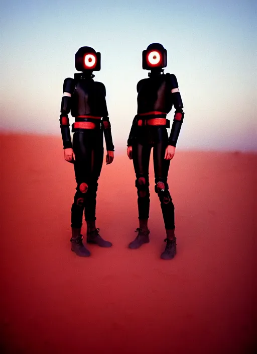 Image similar to cinestill 5 0 d candid photographic portrait by steve mccurry of two loving female androids wearing rugged black mesh techwear on a desolate plain with a red sky, extreme closeup, modern cyberpunk, dust storm, 8 k, hd, high resolution, 3 5 mm, f / 3 2, ultra realistic faces, ex machina