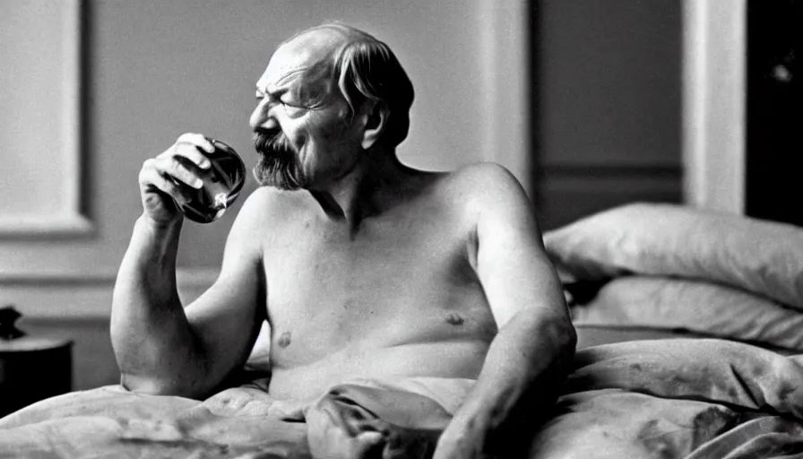 Image similar to 1 9 6 0 s movie still by tarkovsky of an elder socrates drinking a hemlock bowl on a bed, cinestill 8 0 0 t 3 5 mm b & w, high quality, heavy grain, high detail, panoramic, ultra wide lens, cinematic composition, dramatic light, anamorphic, raphael style, piranesi style