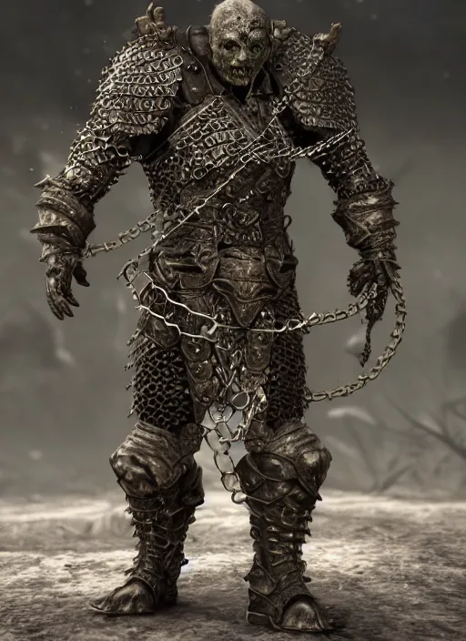 Image similar to а fantasy Proto-Slavic mythology, zombie in chain mail armor inspired blizzard games, full body, detailed and realistic, 4k, trending on artstation, octane render