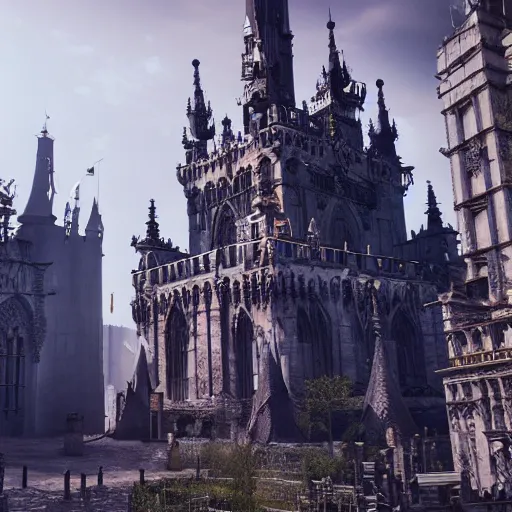 Prompt: gothic medieval city that looks like a tall, ornate birthday cake, game by hidetaka miyazaki, hdr raytracing, highly detailed, cryengine