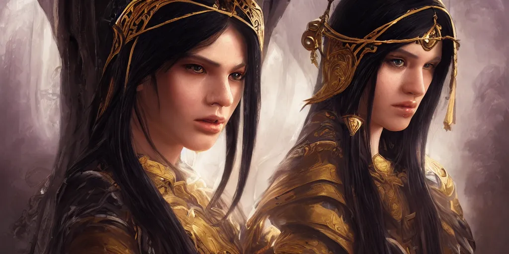 Image similar to portrait of a young beautiful priestess with long black hair weavering golden strings of magic, barroque painting, ultra realistic. cinematic, dynamic. magic the gathering style. epic fantasy, insanely detailed, 4k, symmetrical face, rpg character reference. gourgeous.