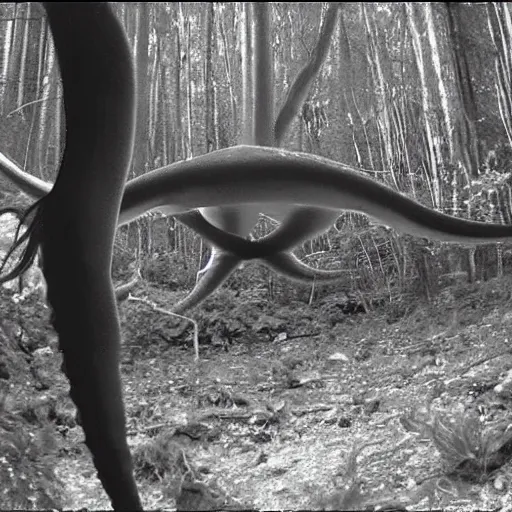 Image similar to a weird giant squid octopus caught on trailcam nightvision footage camera, grainy low quality, forest