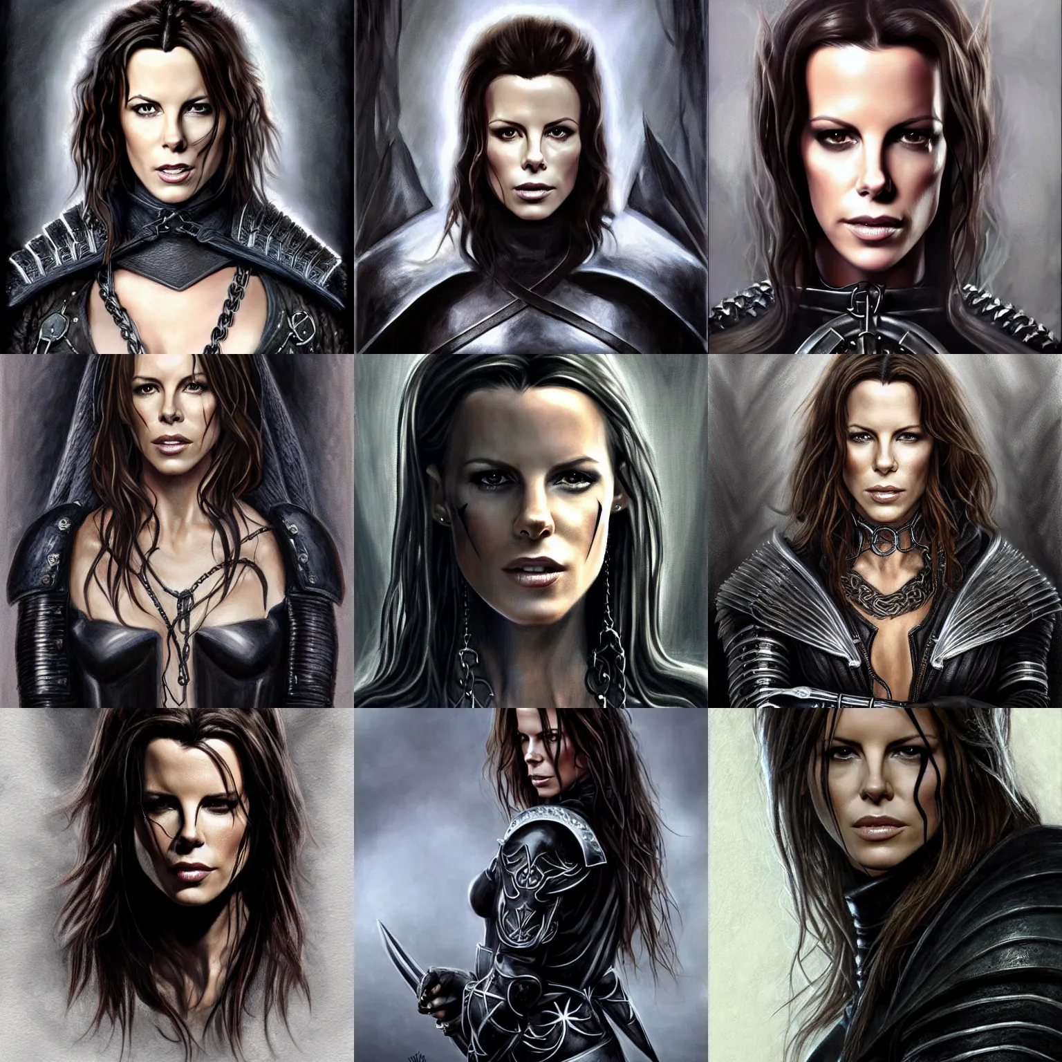 Prompt: portrait, kate beckinsale, dark wizard, leather armor, silver sword, high heel boots, lord of the rings, tattoos, black jewelry, perfect face, detailed, concerned, digital painting, by brom