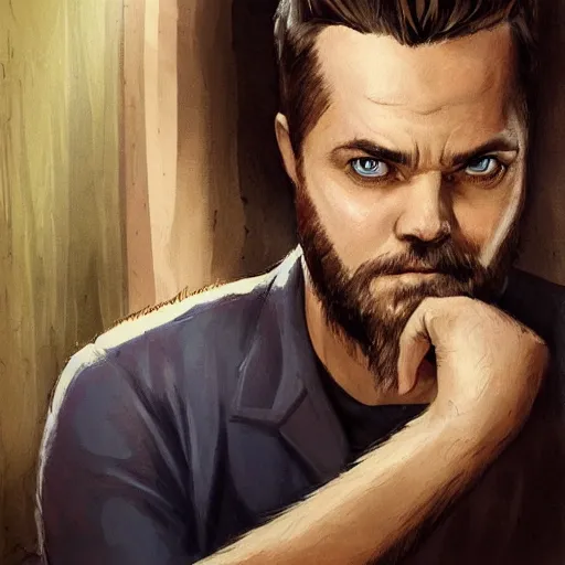 Image similar to beautiful portrait of a man with a short-beard blue eyes(looking like joshua jackson and aaron paul, sean astin), in the style of Enki Bilal and Joe Jusko and Alex Ross, backlit, concept art, trending on artstation