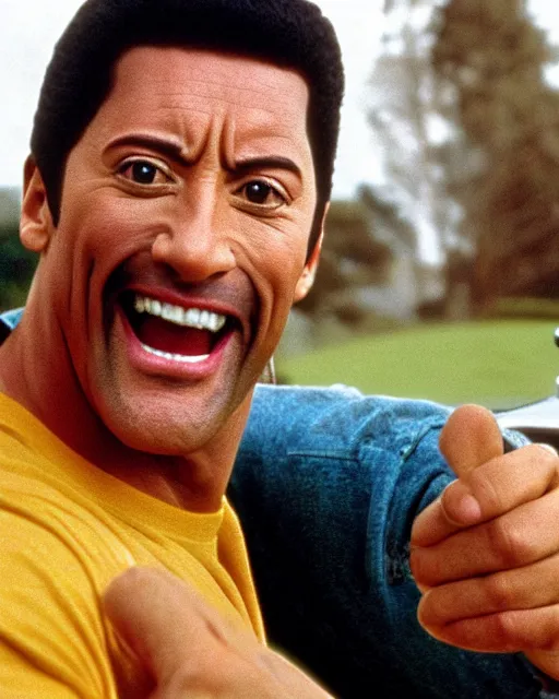 Image similar to Film still close-up shot of dwayne johnson as happy gilmore from the movie happy gilmore. Photographic, photography