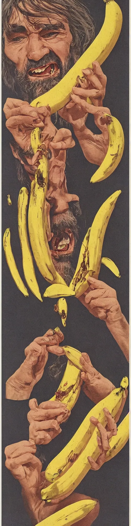Prompt: vintage magazine advertisement depicting charles manson slipping on a banana peel, by alex grey
