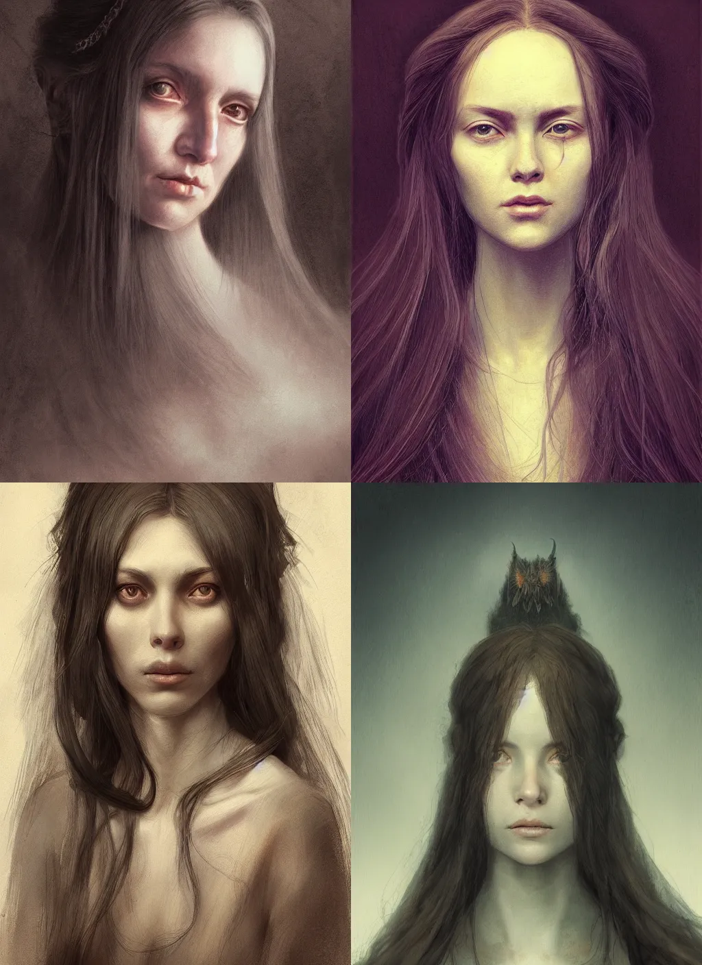 Prompt: portrait of a gentle and wise female with long hairs in alan lee and marc simonetti and emil melmoth style , cinematic lighting