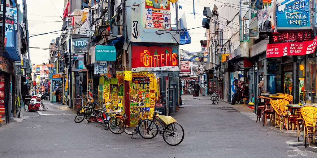 Prompt: City Street, Intersection, Storefront, alleyway, beer advertisement, bicycle in background, chairs, table, city street lights, clumps of bananas, colored light, colorful umbrella, convenience store, dark blue sky, dingy city street, exiting store, getting groceries, hilly road, Korean writing, looking down street, moped, raining, smoking outside, tan suit, wet road, wet street, white shoes, wires hanging above street, wires in background, very high quality photography, dusk, cinematic, city colors.