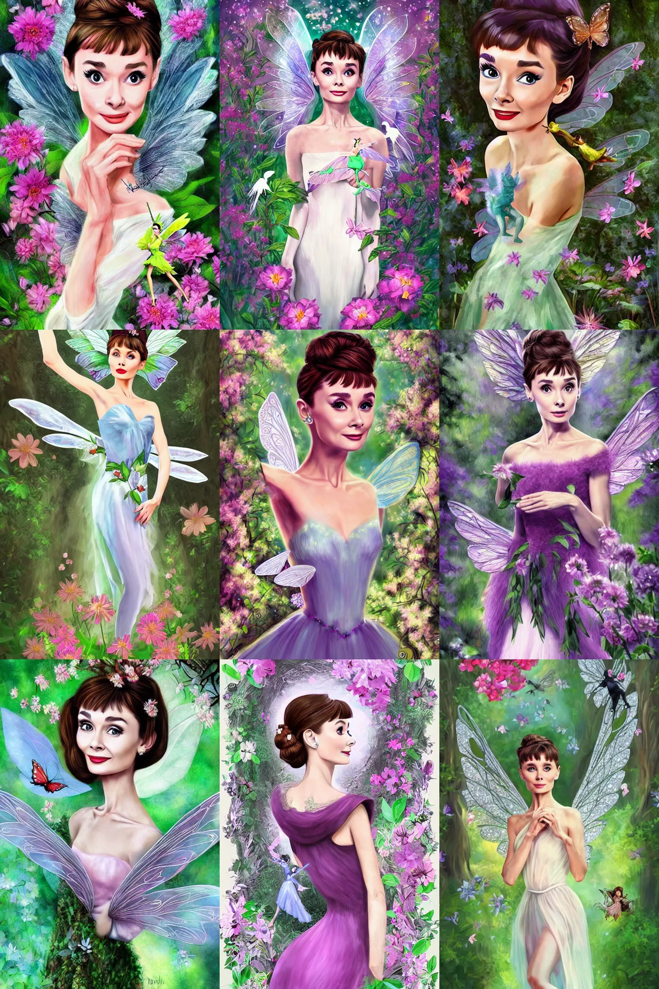 Prompt: audrey hepburn as a fairy with wings, digital art, inspired by artgerm and tinkerbell, border of flowers, classic beauty, flowers in hair, angelic, standing in the forest