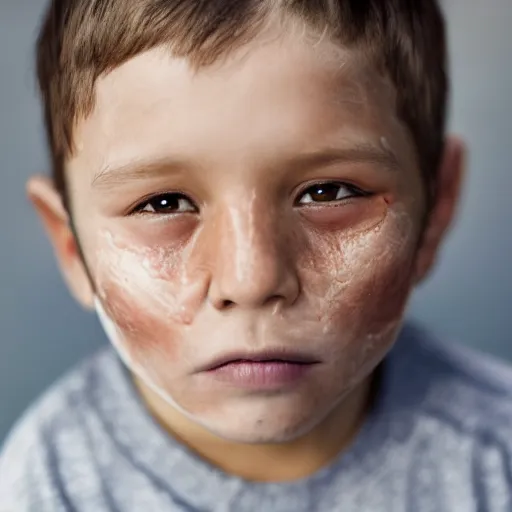 Prompt: a 4 year old boy with old wrinkly skin, real natural facial hair, old skin, young kid, 4 years old, very young, portrait photo, head shot, hyperrealistic