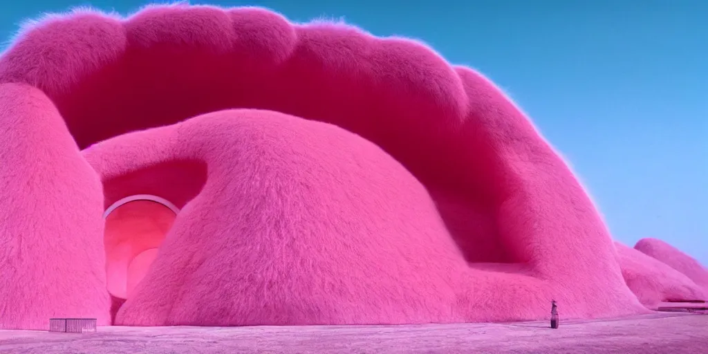 Image similar to a strange huge translucent pvc inflated organic architecture building with pink fluffy fur inside by anish kapoor sits in the rock mountains, film still from the movie directed by denis villeneuve with art direction by zdzisław beksinski, close up, telephoto lens, shallow depth of field