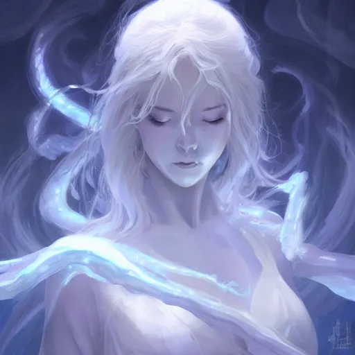 Image similar to female japanese ice elemental, ghostly form, transparent, d & d, highly detailed, digital painting, artstation, concept art, sharp focus, illustration, cinematic lighting, art by artgerm and greg rutkowski and alphonse mucha