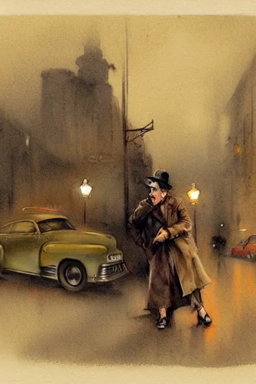 Prompt: (((((1950s film noir street night . muted colors.))))) by Jean-Baptiste Monge !!!!!!!!!!!!!!!!!!!!!!!!!!!