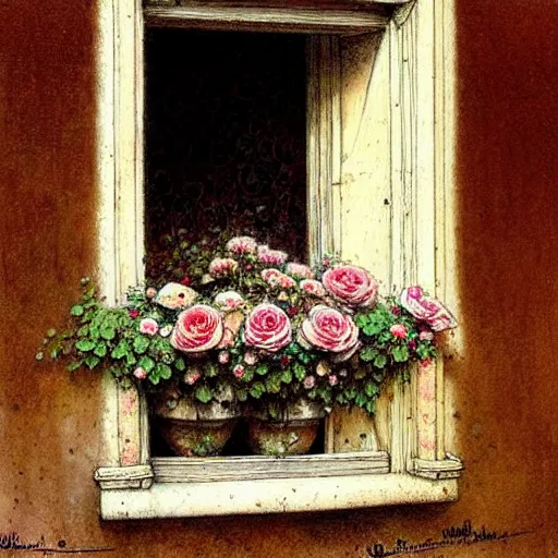 Image similar to ( ( ( ( ( intricate window with roses flower pot. muted colors. ) ) ) ) ) by jean - baptiste monge!!!!!!!!!!!!!!!!!!!!!!!!!!!