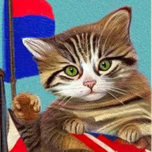 Image similar to a small cat holding his national flag is riding a large cat and traveling the world and going into battles