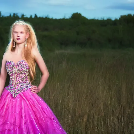 Image similar to a beautiful princess with long blonde hair and blue eyes wearing a strapless elaborately beaded pink dress, high resolution film still, 8k, HDR color, film by Simon Langton and David Frankel