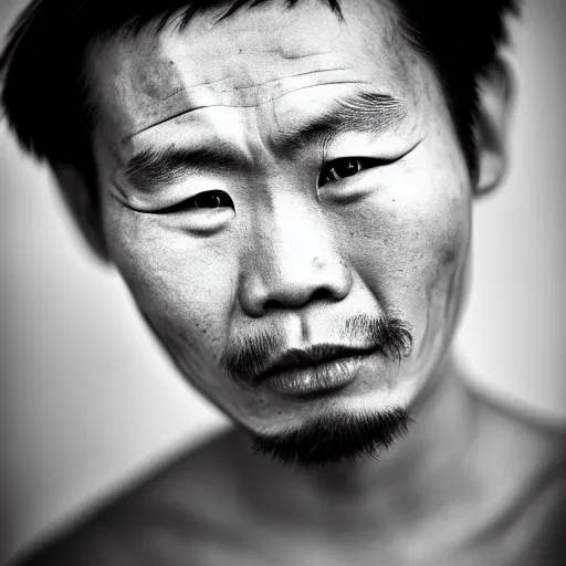 Prompt: grizzled young chinese man with tribal face tattoos and facial hair, black & white, richard avedon, 5 0 mm, grainy, low light
