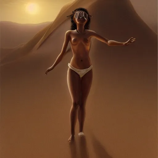 Prompt: artstation concept of a beautiful girl dancing in the desert, brown skin, sweaty skin, symmetrical face, casual white garment, white desert background, shiny colorful, hyperdetailed, artstation trending, world renowned artists, worth1000.com, historic artworks society, antique renewal, cgsociety, by greg rutkowski, by Gustave Doré, Deviantart