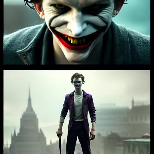 Image similar to tom holland as young joker, fine detailed face, long hair, stunning 3 d render inspired art by greg rutkowski and xiang duan and thomas eakes, realistic, highly detailed attributes and atmosphere, dim volumetric cinematic lighting, 8 k octane detailed render, post - processing, masterpiece,