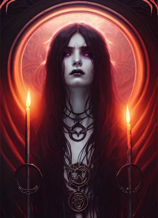 Prompt: Necromancer Sorceress goddess of death, background fantasy pentagram sorceress magic, undercut hairstyle, dark light night, intricate, elegant, sharp focus, illustration, highly detailed, digital painting, concept art, matte, art by WLOP and Artgerm and Greg Rutkowski and Alphonse Mucha, masterpiece