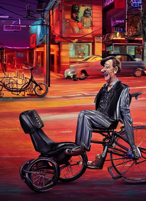 Prompt: hyperrealism steve buscemi riding a tricycle, light effect, hyper detailed, claymation, cartoon, detailed, realistic materials, sharp focus, synthwave, neon, modern