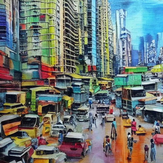 Image similar to streets of mumbai, future, mossy buildings, high fidelity, oil painting, straight lines