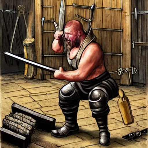 Image similar to triple h as blacksmith, medieval scene, creating his hammer!!!