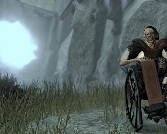 Image similar to hector salamanca on a wheelchair in skyrim, videogame screenshot, skyrim graphics