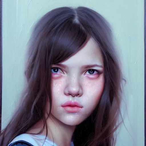 Image similar to Facial portrait of a pretty young cute girl, looking at the camera, slight awkward smile, lips slightly parted, no hands visible, extremely detailed painting by Greg Rutkowski and by Steve Henderson and by Harumi Hironaka