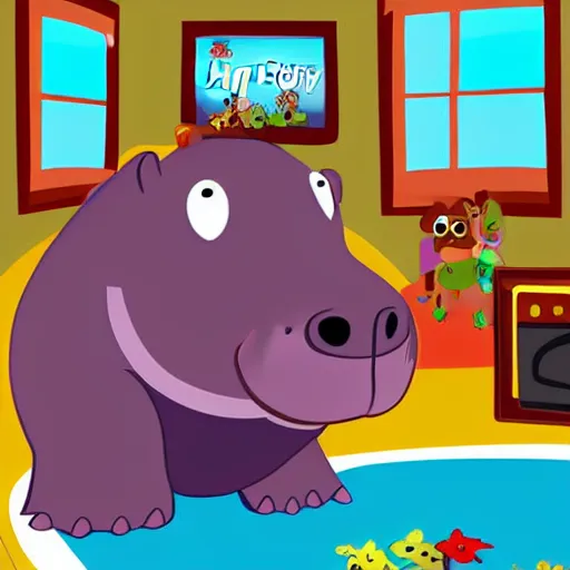 Image similar to a baby hippo lives in a cozy house. it likes to watch tv in the family room. digital art. pixar. toy story.