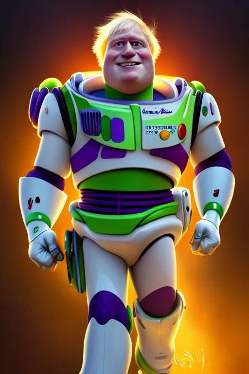 Image similar to Boris Johnson as Buzz Lightyear from Toy Story, realistic portrait, symmetrical, highly detailed, digital painting, artstation, concept art, smooth, sharp focus, illustration, cinematic lighting, art by artgerm and greg rutkowski and alphonse mucha