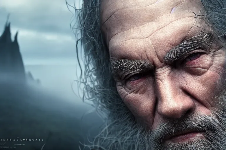 Image similar to an ultra realistic cinematic close up headshot portrait of an evil wizard, background of a vast serene landscape with trees and rivers, detailed, deep focus, movie still, dramatic lighting, ray tracing, by michal karcz and yoshitaka amano