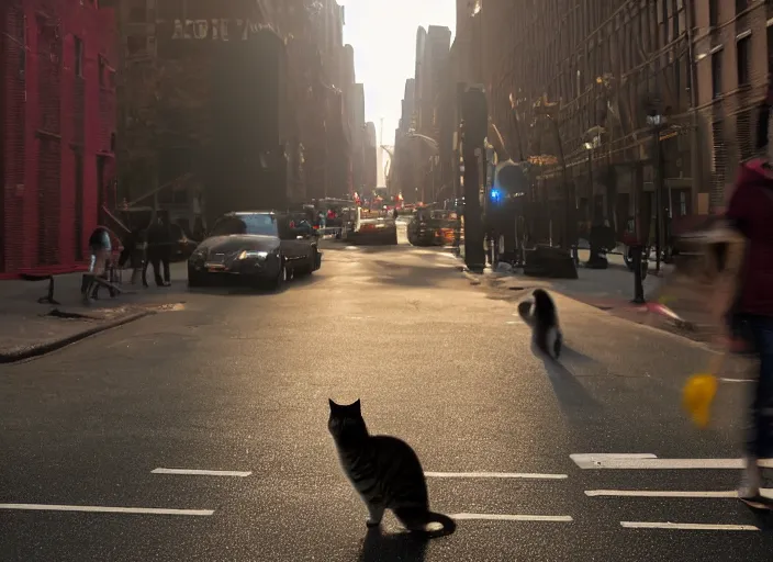 Image similar to photography of a Cat being carried in an half open backpack . in a new york street. award winning photo, led lighting, night, 130mm, sharp, high res