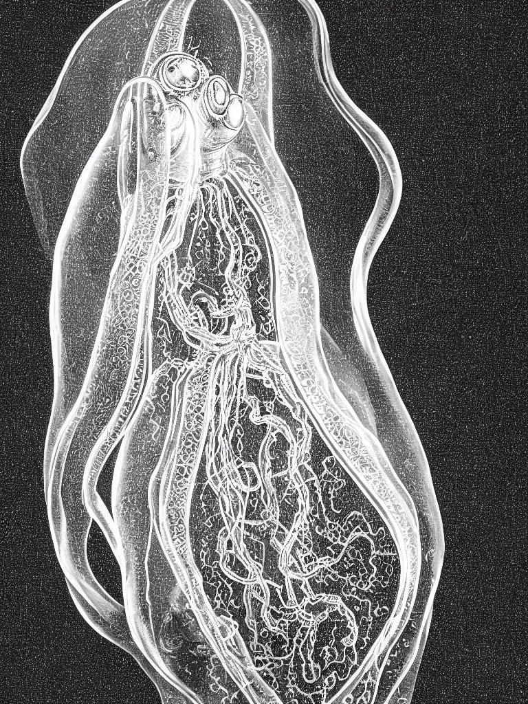 Prompt: a formal portrait photograph of a human being trapped inside a crystal squid. fine filigree engravings cover the glassy surface.