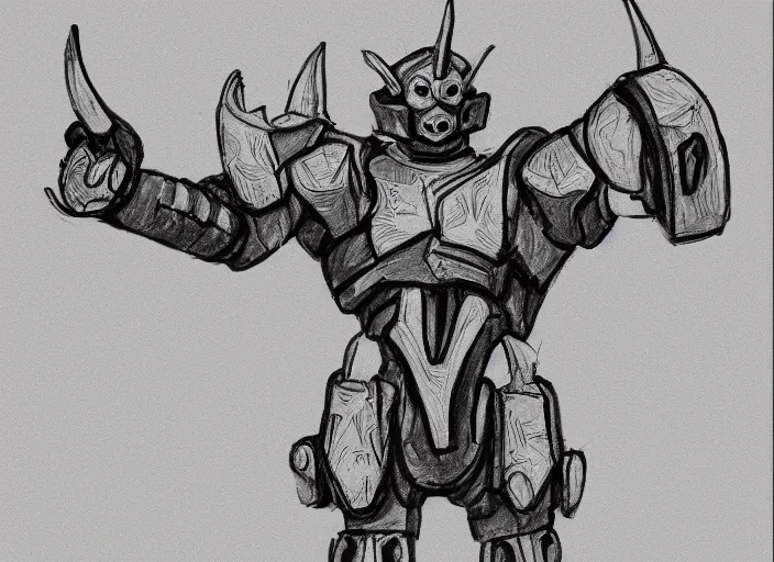 Prompt: professional basic drawings of evil warlord robot with horns