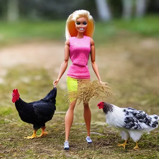 Image similar to barbie walking her pet chicken