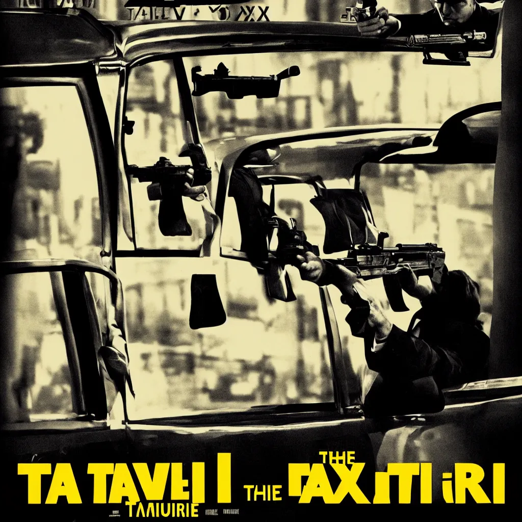 Prompt: the taxist, minimalistic retro movie poster with a gun