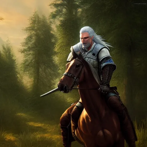 Image similar to Geralt of Rivia riding a horse in forest, 4k, artstation, cgsociety, award-winning, masterpiece, stunning, beautiful, glorious, powerful, fantasy art