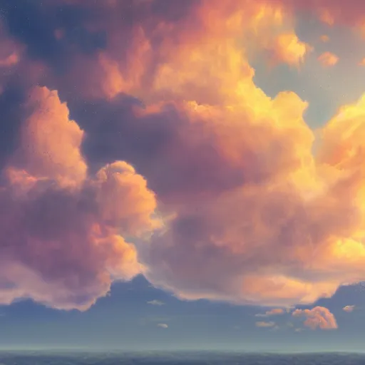 Image similar to puffy peaceful clouds, matte painting, 4k