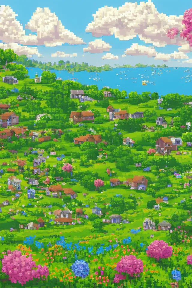 Prompt: a countryside, green hills and blue sky with patches of clouds, nature in all its beauty, some houses in the background, star - shaped flowers in the foreground, we can see the sea, pixel art, 3 2 bits, sprite, detailed,