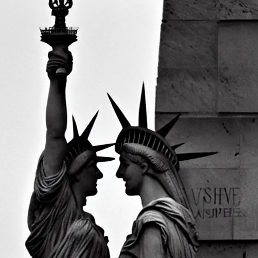 Prompt: lady liberty kissing the eiffel tower